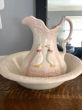 Vintage Cottagecore Goose Pitcher and Wash Basin Set 1980s Farmhouse Rustic